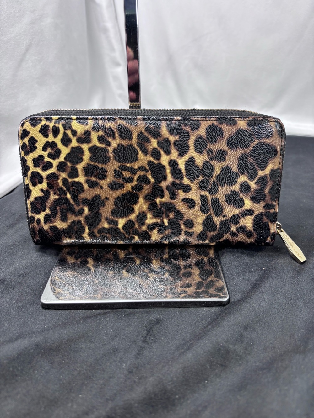 Cavalli Class Leopard Print Zip Around Wallet Black Pebbled Leather Animal Print - Picture 5 of 10